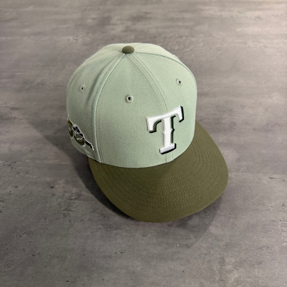 Hat Club Texas Rangers New Era Cap 7 1/4 59FIFTY Money Trees Sage Olive 2 Tone